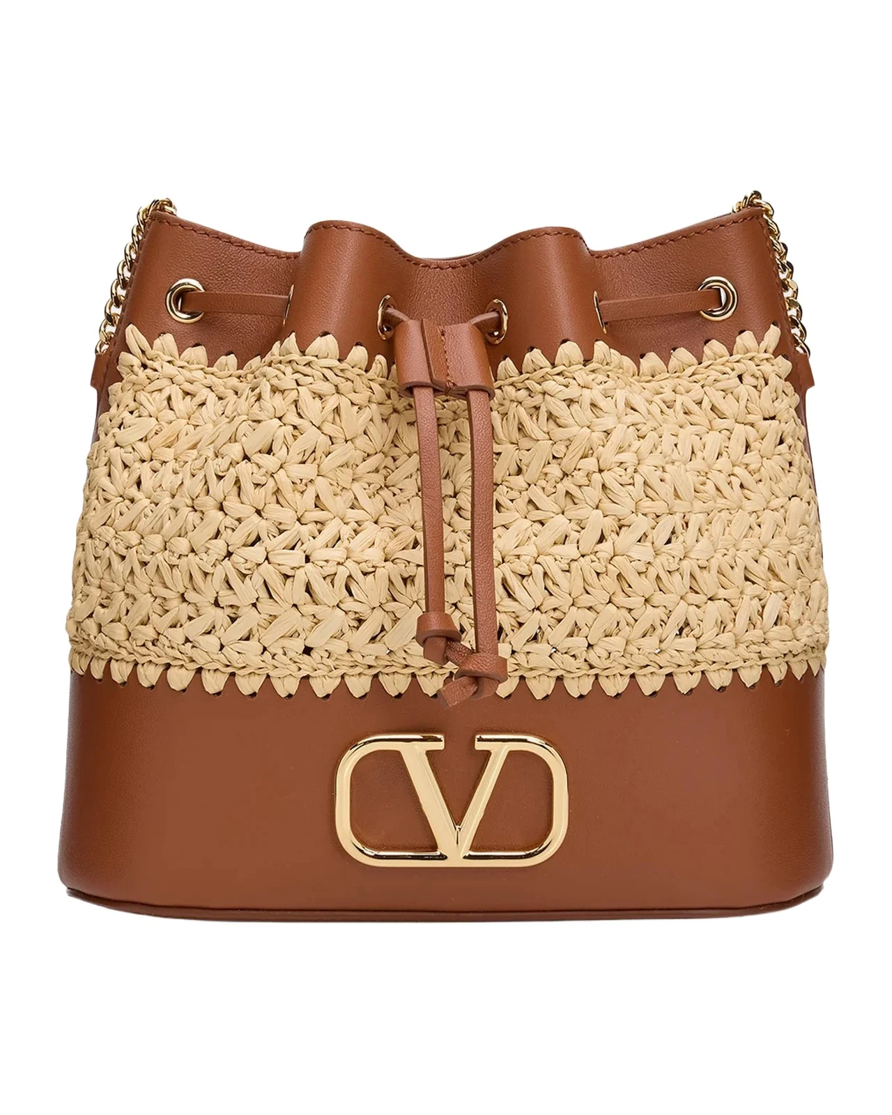 Valentino Garavani Mini Raffia & Leather Bucket Crossbody Bag