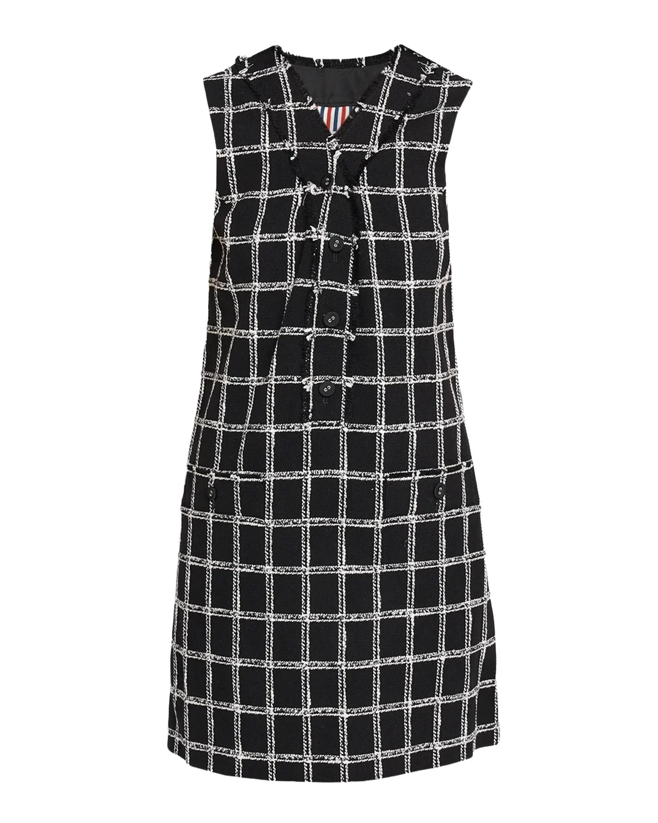 Thom Browne V-Neck Frayed Windowpane Tweed Mini Cardigan Dress