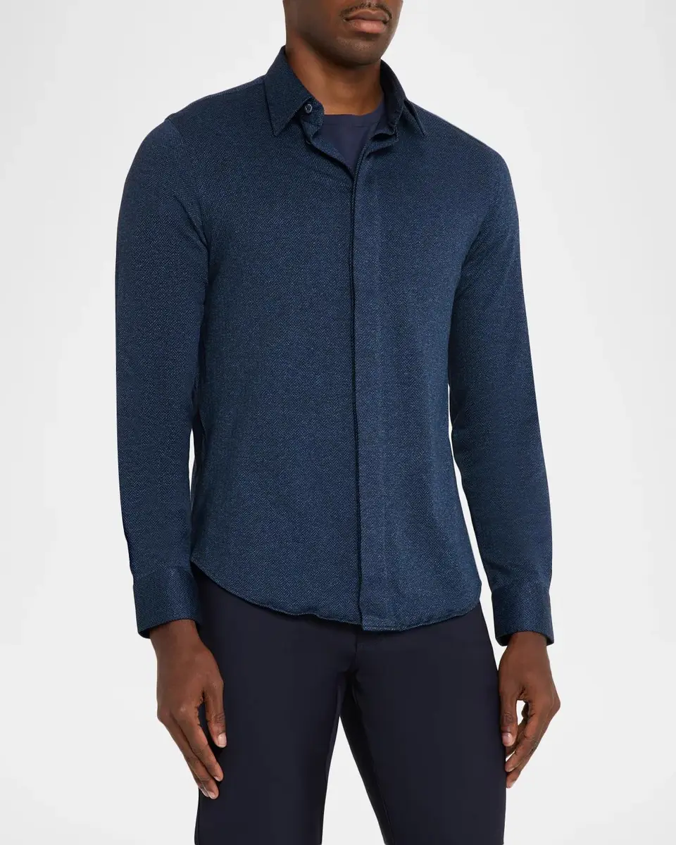 Emporio Armani Men's Cotton Micro-Chevron Button-Front Shirt | Thumbnail 4 Emporio Armani Men's Cotton Micro-Chevron Button-Front Shirt | Thumbnail 4