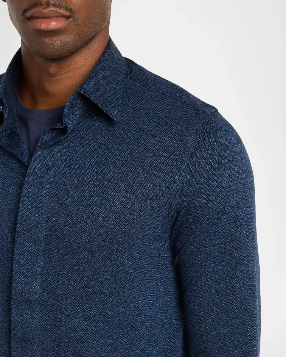 Emporio Armani Men's Cotton Micro-Chevron Button-Front Shirt | Thumbnail 5 Emporio Armani Men's Cotton Micro-Chevron Button-Front Shirt | Thumbnail 5