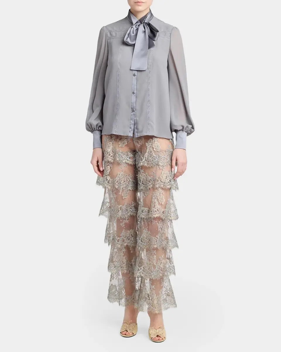 Valentino Garavani Pussy-Bow Collar Silk-Blend Lace Shirt | Thumbnail 2