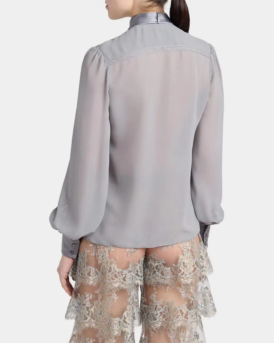 Valentino Garavani Pussy-Bow Collar Silk-Blend Lace Shirt | Thumbnail 3