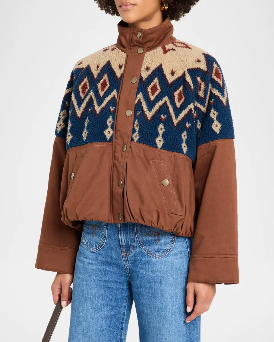 Veronica Beard Knoll Geometric Fleece & Cotton Canvas Zip-Up Jacket | Thumbnail 4 Veronica Beard Knoll Geometric Fleece & Cotton Canvas Zip-Up Jacket | Thumbnail 4