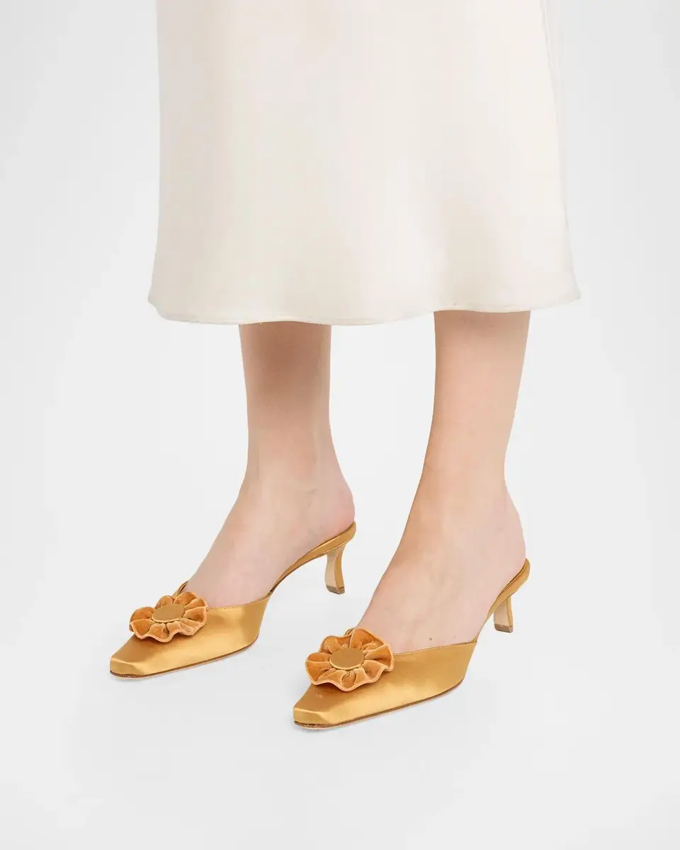 Manolo Blahnik 50mm Caulon Floral Applique Satin Mule Pumps | Thumbnail 2