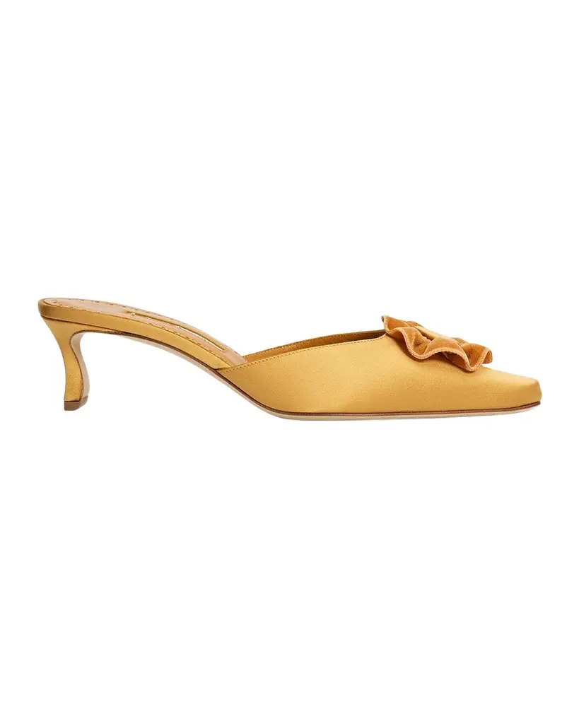 Manolo Blahnik 50mm Caulon Floral Applique Satin Mule Pumps | Image 1 Manolo Blahnik 50mm Caulon Floral Applique Satin Mule Pumps | Image 1