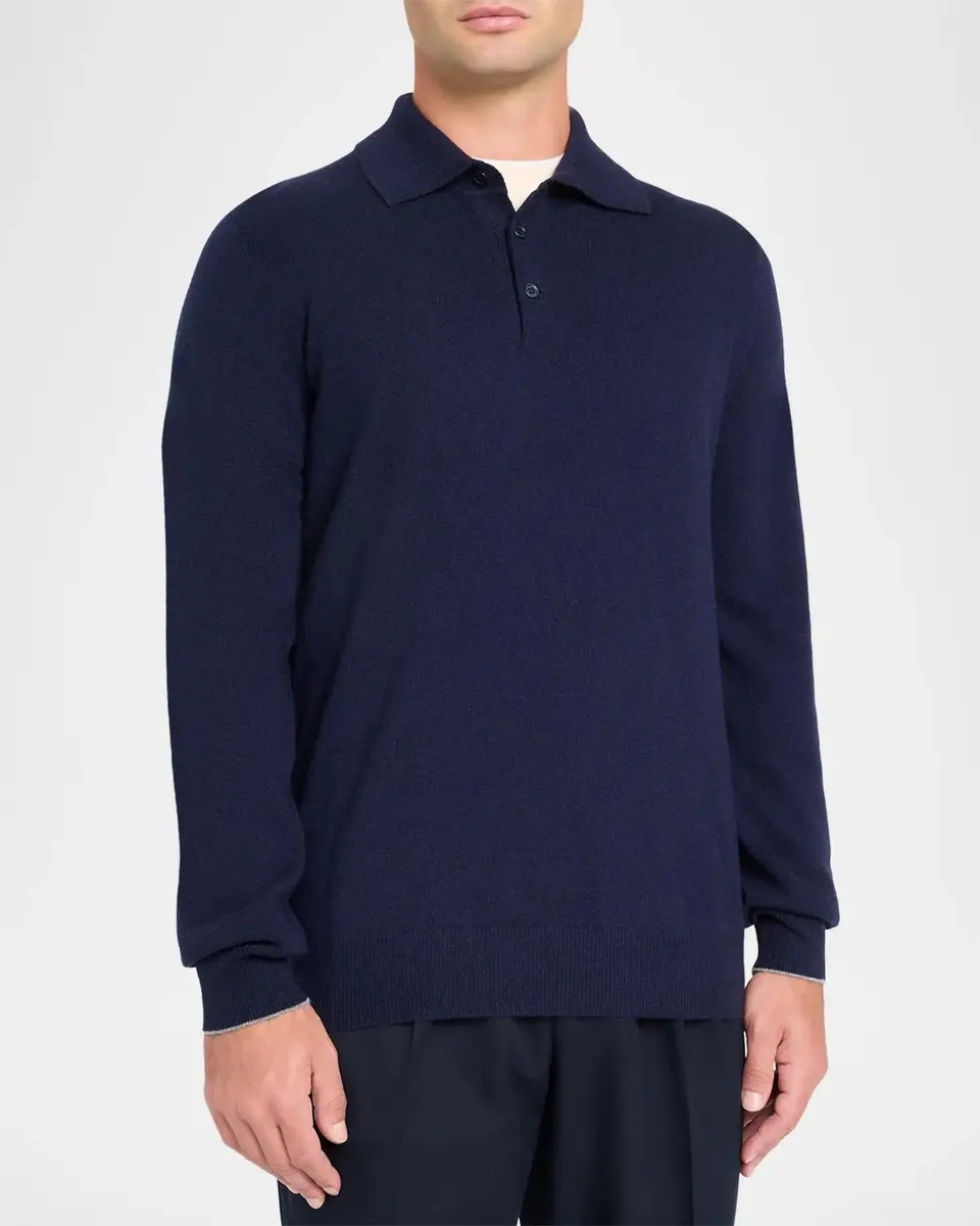Brunello Cucinelli Men's Cashmere Knit Long-Sleeve Polo Shirt | Thumbnail 4 Brunello Cucinelli Men's Cashmere Knit Long-Sleeve Polo Shirt | Thumbnail 4