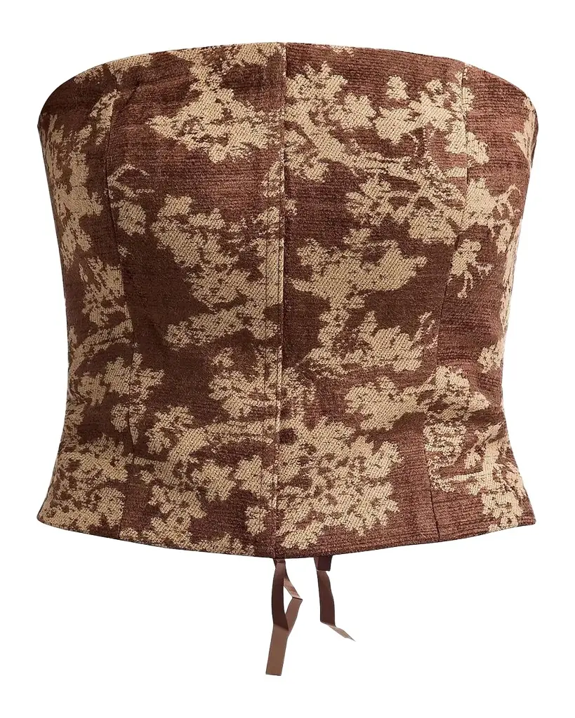 L'Agence Paulette Floral-Jacquard Lace-Up Strapless Top