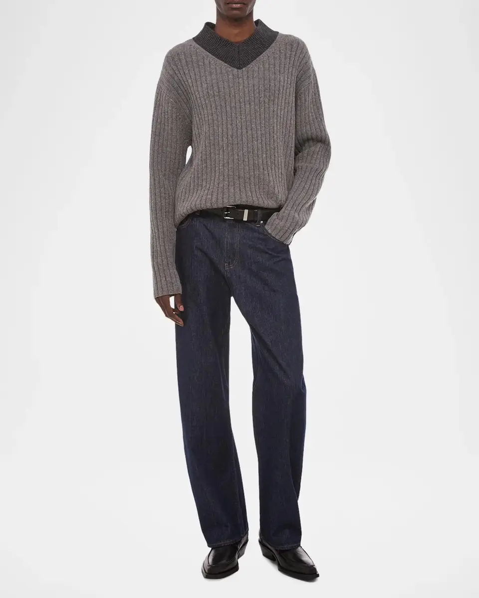 Helmut Lang Men's Contrast V-Neck Wool Sweater | Thumbnail 2