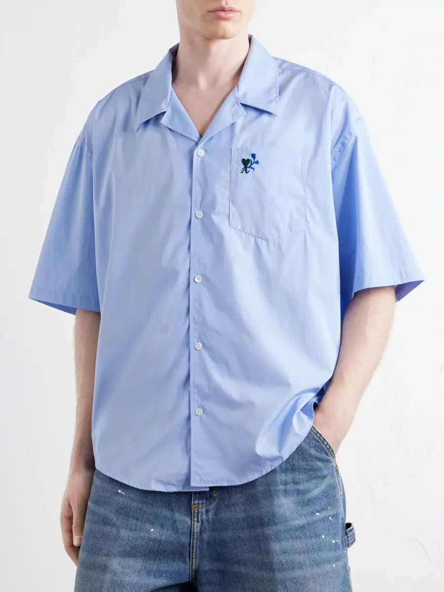 AMI PARIS Logo-Embroidered Cotton-Poplin Shirt - Men | Thumbnail 3