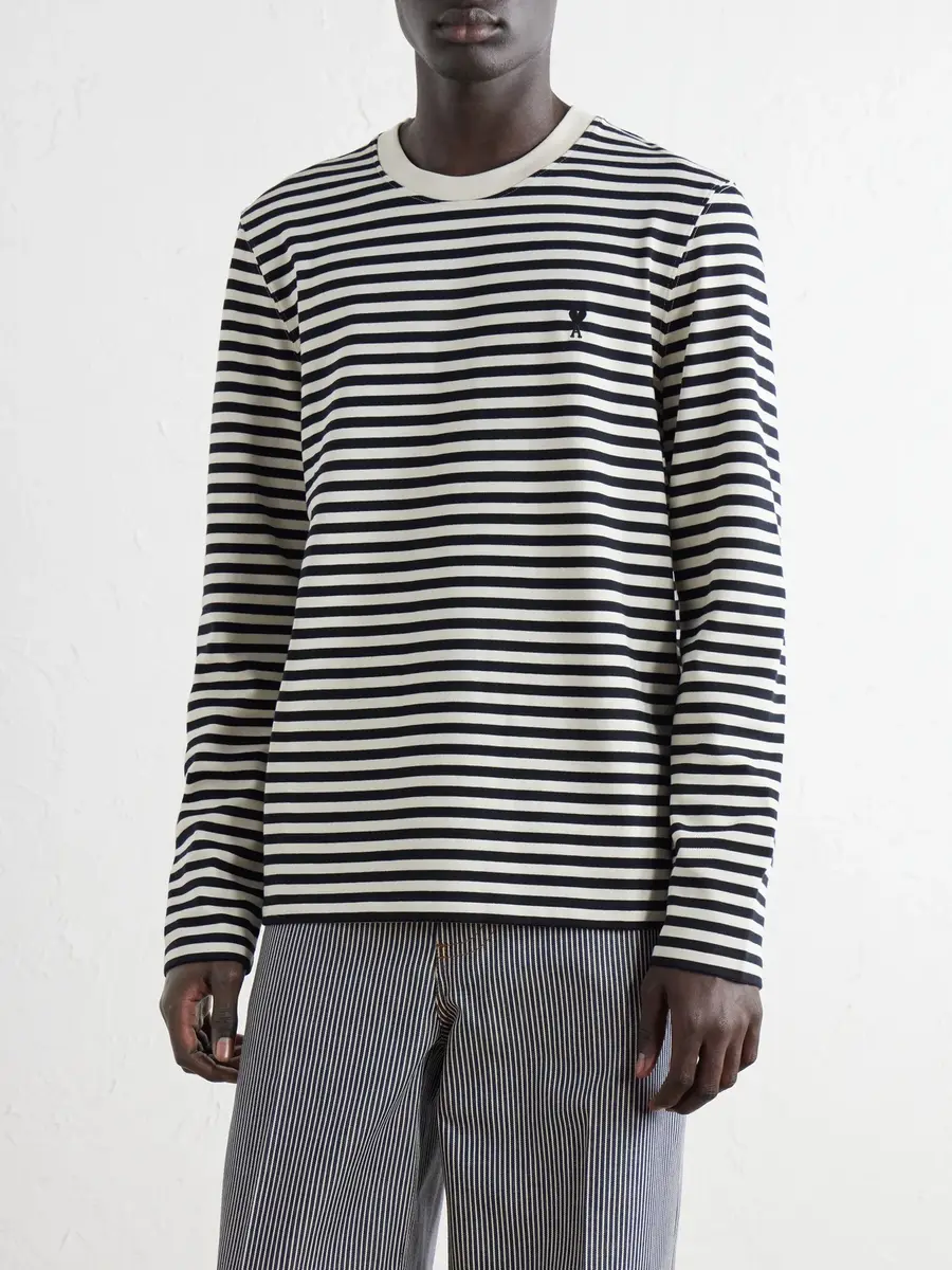 AMI PARIS Logo-Embroidered Striped Cotton-Jersey T-Shirt - Men | Thumbnail 3