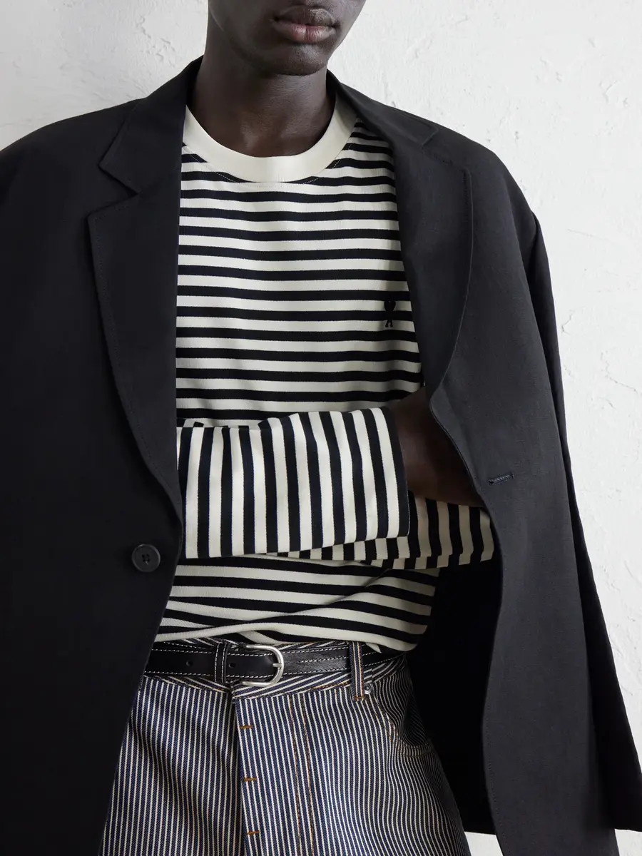 AMI PARIS Logo-Embroidered Striped Cotton-Jersey T-Shirt - Men | Thumbnail 5