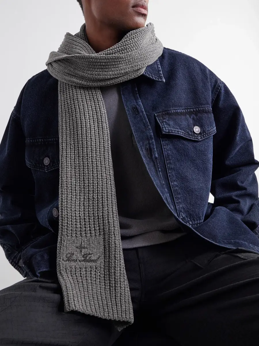 Stone Island Logo-Embroidered Mouliné Cotton-Chenille Scarf - Men | Thumbnail 2