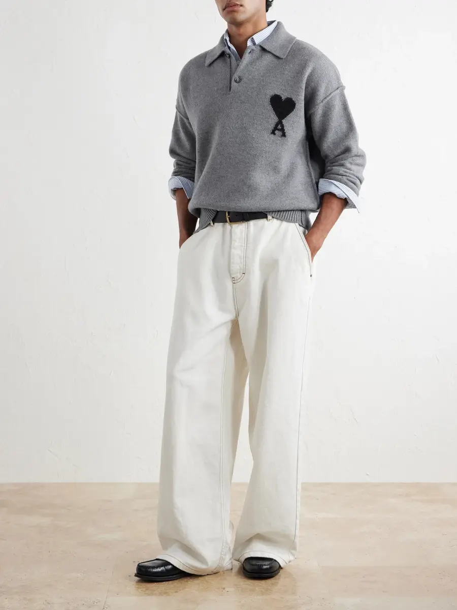 AMI PARIS Logo-Intarsia Wool Polo Sweater - Men | Thumbnail 2 AMI PARIS Logo-Intarsia Wool Polo Sweater - Men | Thumbnail 2