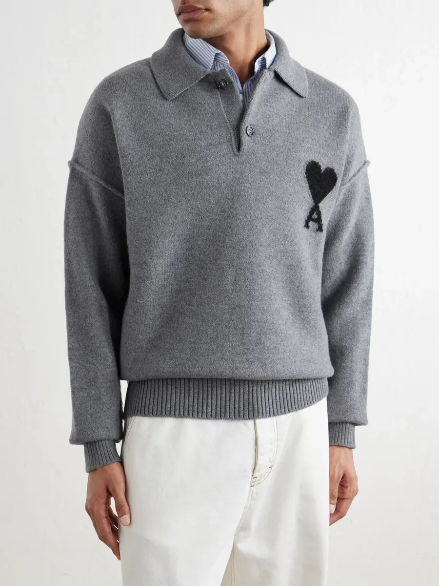 AMI PARIS Logo-Intarsia Wool Polo Sweater - Men | Thumbnail 3 AMI PARIS Logo-Intarsia Wool Polo Sweater - Men | Thumbnail 3