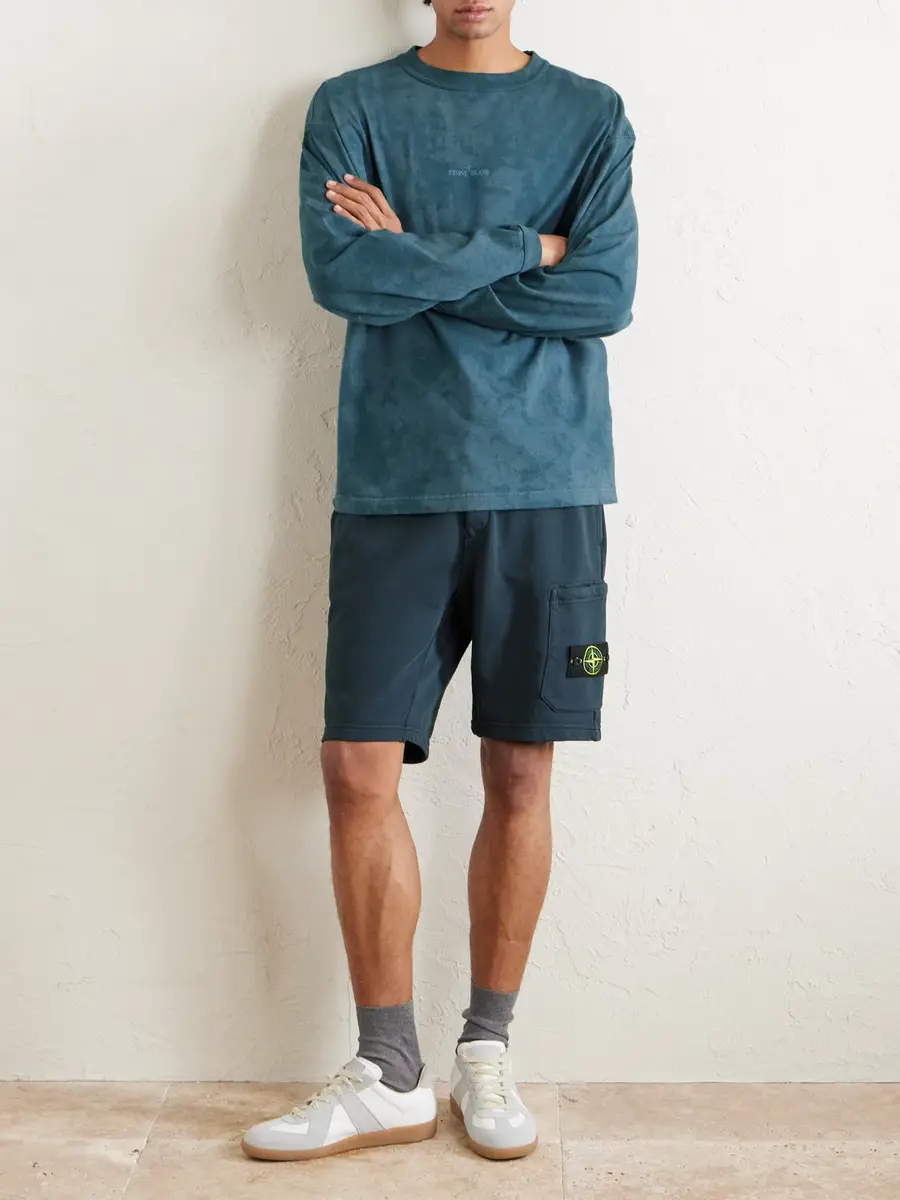 Stone Island Straight-Leg Garment-Dyed Organic Cotton-Fleece Drawstring Shorts - Men | Thumbnail 2 Stone Island Straight-Leg Garment-Dyed Organic Cotton-Fleece Drawstring Shorts - Men | Thumbnail 2