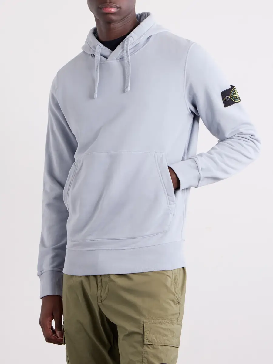 Stone Island Logo-Appliquéd Garment-Dyed Cotton-Fleece Hoodie - Men | Thumbnail 3 Stone Island Logo-Appliquéd Garment-Dyed Cotton-Fleece Hoodie - Men | Thumbnail 3