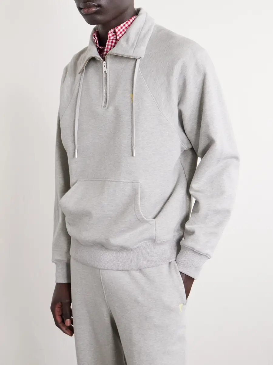 AMI PARIS Logo-Embroidered Cotton-French Terry Half-Zip Sweater - Men | Thumbnail 3