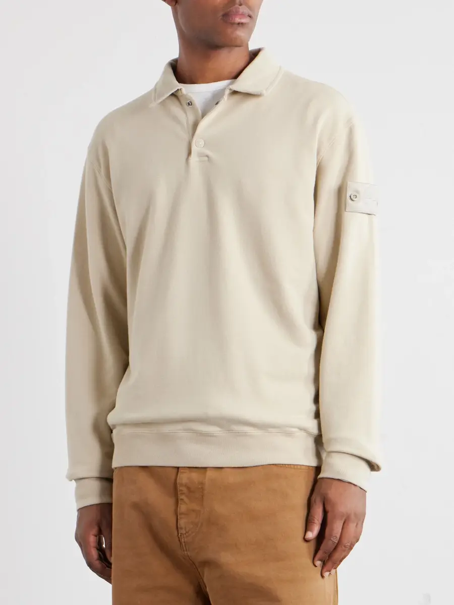 Stone Island GHOST Logo-Appliquéd Garment-Dyed Stretch Cotton-Fleece Polo Shirt - Men | Thumbnail 3