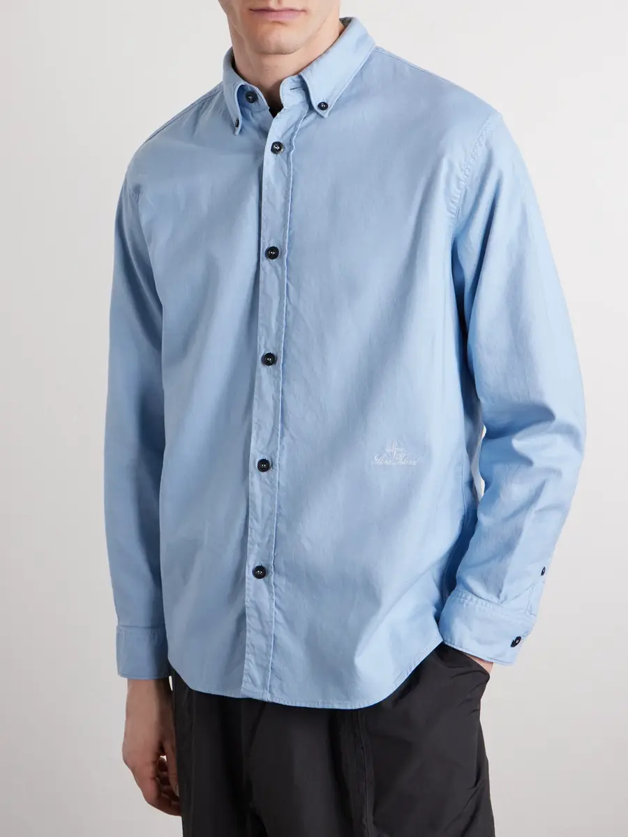 Stone Island Button-Down Collar Logo-Embroidered Organic Cotton-Tela Shirt - Men | Thumbnail 3