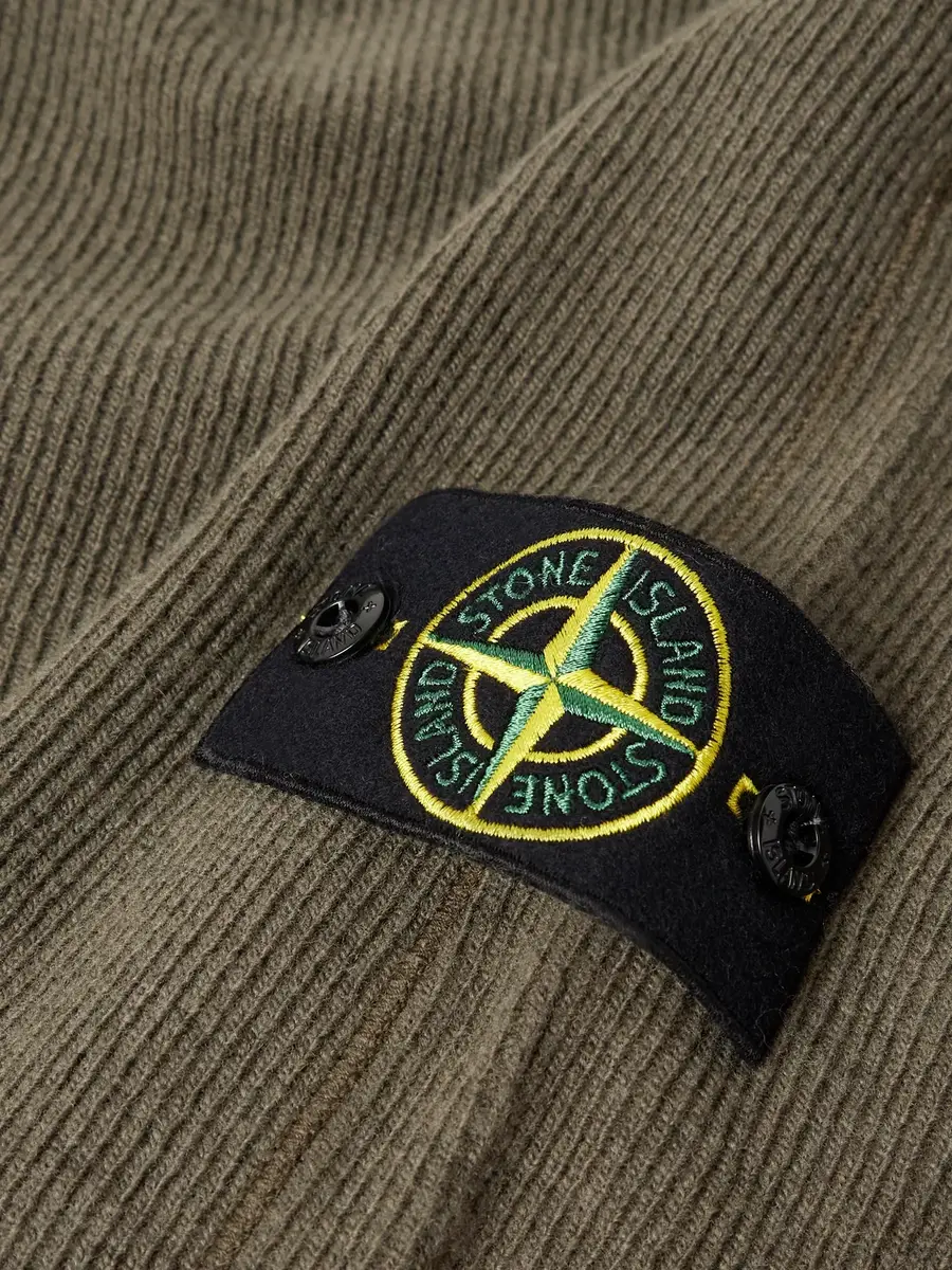 Stone Island Logo-Appliquéd Grosgrain-Trimmed Garment-Dyed Ribbed Wool-Blend Sweatshirt - Men | Thumbnail 4 Stone Island Logo-Appliquéd Grosgrain-Trimmed Garment-Dyed Ribbed Wool-Blend Sweatshirt - Men | Thumbnail 4