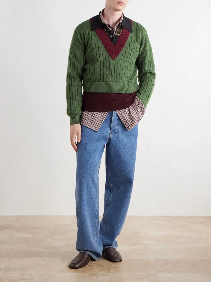 Dries Van Noten Jacquard-Trimmed Cable-Knit Wool and Cotton-Blend Sweater - Men | Thumbnail 2 Dries Van Noten Jacquard-Trimmed Cable-Knit Wool and Cotton-Blend Sweater - Men | Thumbnail 2