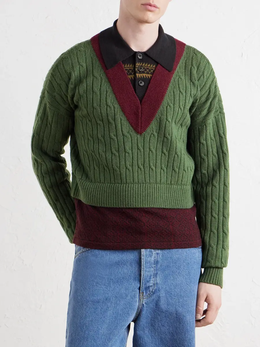 Dries Van Noten Jacquard-Trimmed Cable-Knit Wool and Cotton-Blend Sweater - Men | Thumbnail 3 Dries Van Noten Jacquard-Trimmed Cable-Knit Wool and Cotton-Blend Sweater - Men | Thumbnail 3