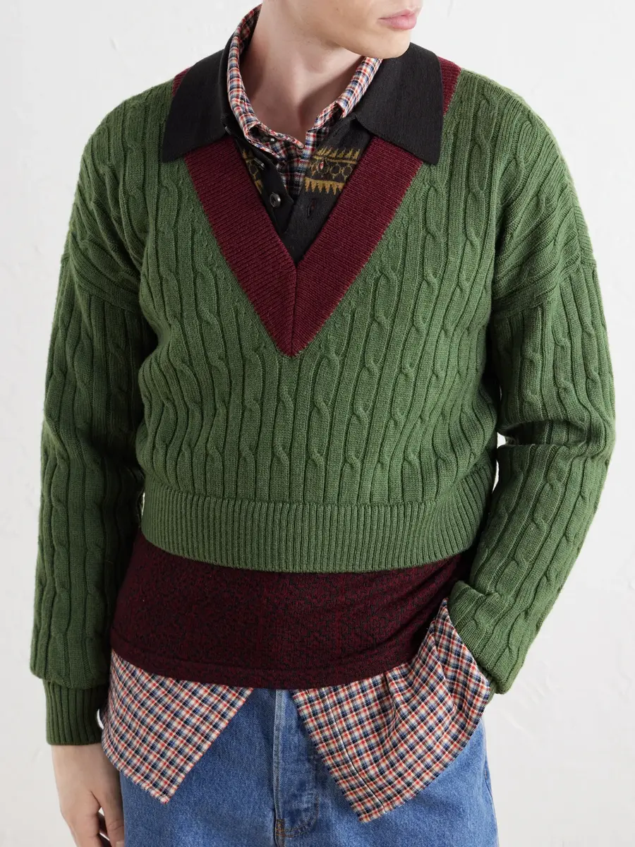 Dries Van Noten Jacquard-Trimmed Cable-Knit Wool and Cotton-Blend Sweater - Men | Thumbnail 5 Dries Van Noten Jacquard-Trimmed Cable-Knit Wool and Cotton-Blend Sweater - Men | Thumbnail 5