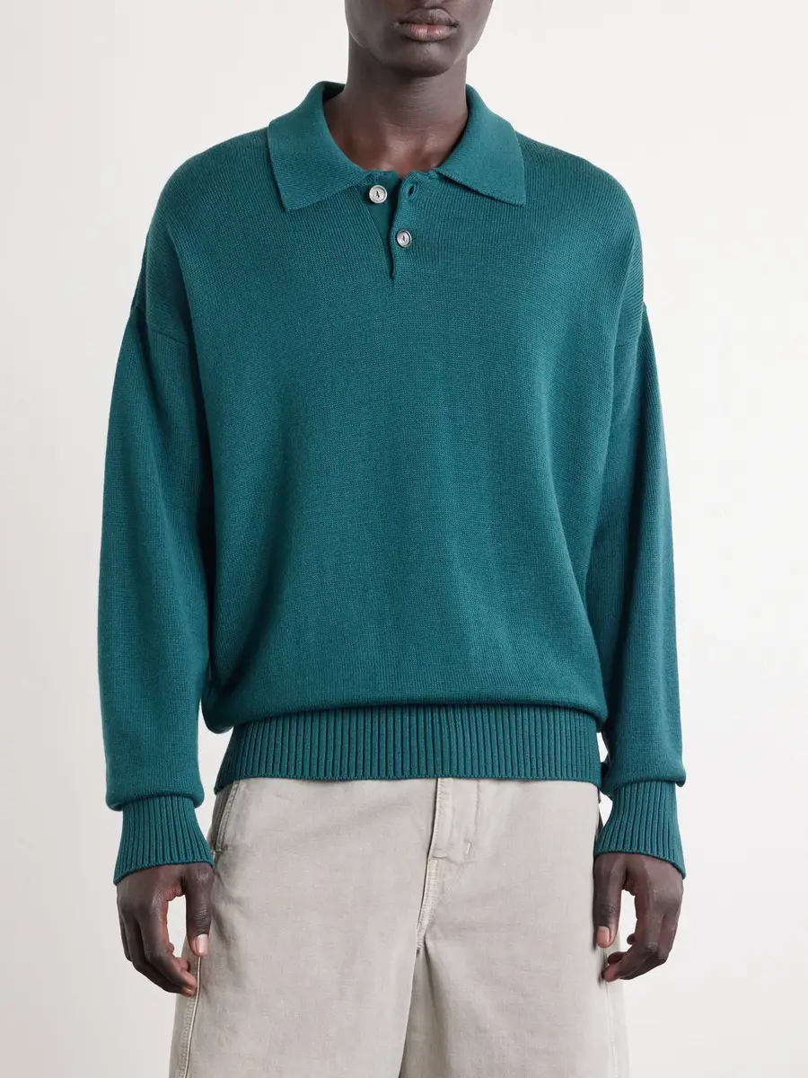 AMI PARIS Knitted Wool and Cotton-Blend Polo Sweater - Men | Thumbnail 3