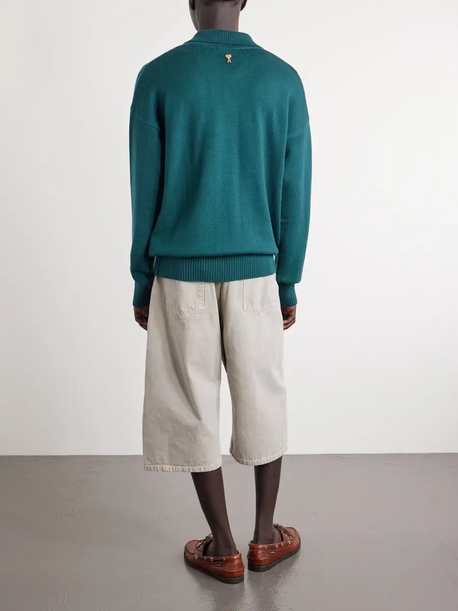 AMI PARIS Knitted Wool and Cotton-Blend Polo Sweater - Men | Thumbnail 4