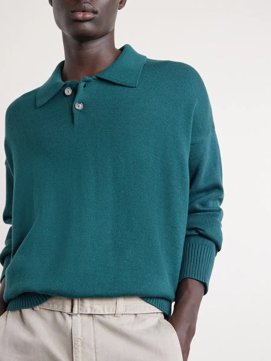 AMI PARIS Knitted Wool and Cotton-Blend Polo Sweater - Men | Thumbnail 6