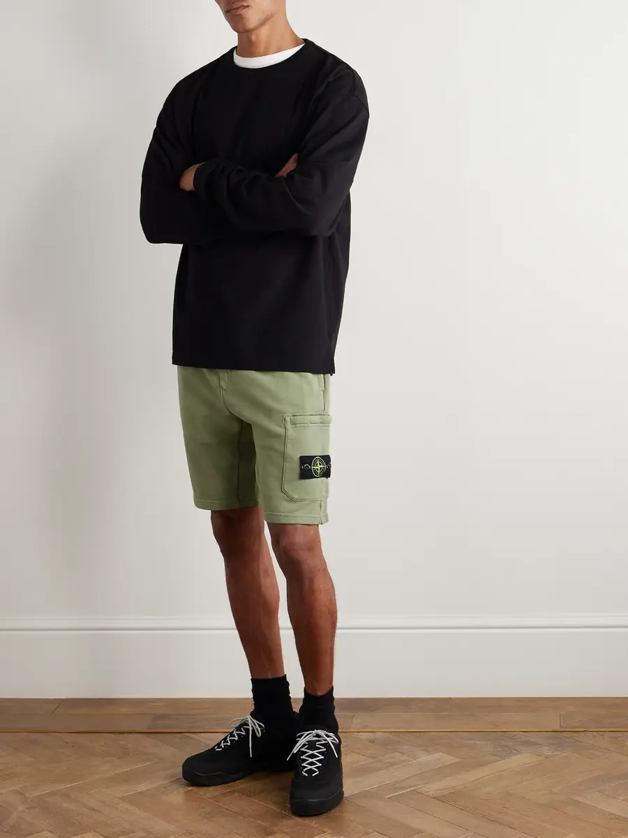 Stone Island Straight-Leg Garment-Dyed Organic Cotton-Fleece Drawstring Shorts - Men | Thumbnail 2 Stone Island Straight-Leg Garment-Dyed Organic Cotton-Fleece Drawstring Shorts - Men | Thumbnail 2