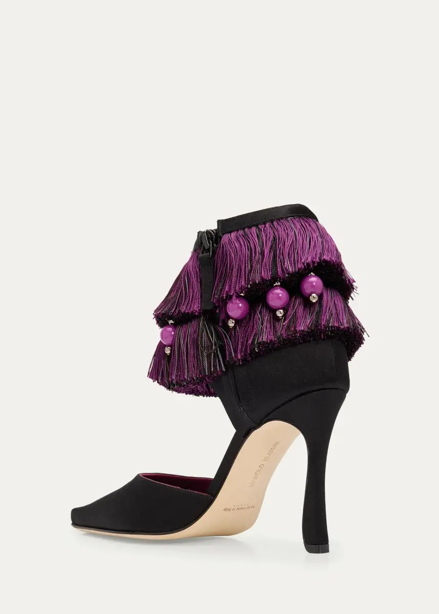 Manolo Blahnik 105mm Sorolla Satin Fringe Ankle-Strap Pumps | Thumbnail 2