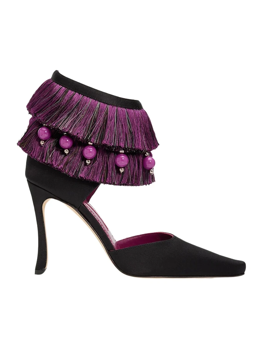 Manolo Blahnik 105mm Sorolla Satin Fringe Ankle-Strap Pumps