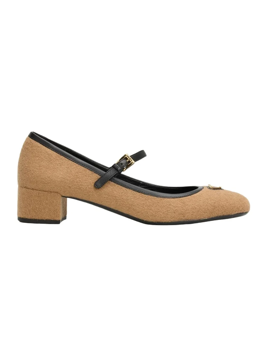 Prada Triangle Logo Wool Mary Jane Ballerina Flats