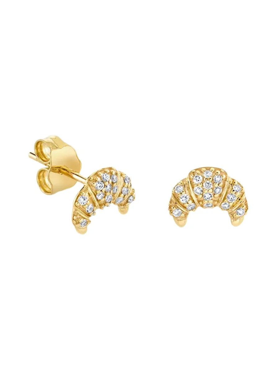 14K Yellow Gold Small Croissant Diamond Stud Earrings