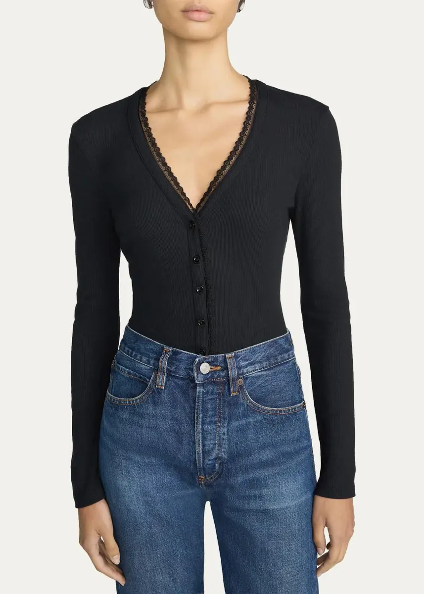 Frame The Rib Lace-Trim Cardigan | Thumbnail 4 Frame The Rib Lace-Trim Cardigan | Thumbnail 4