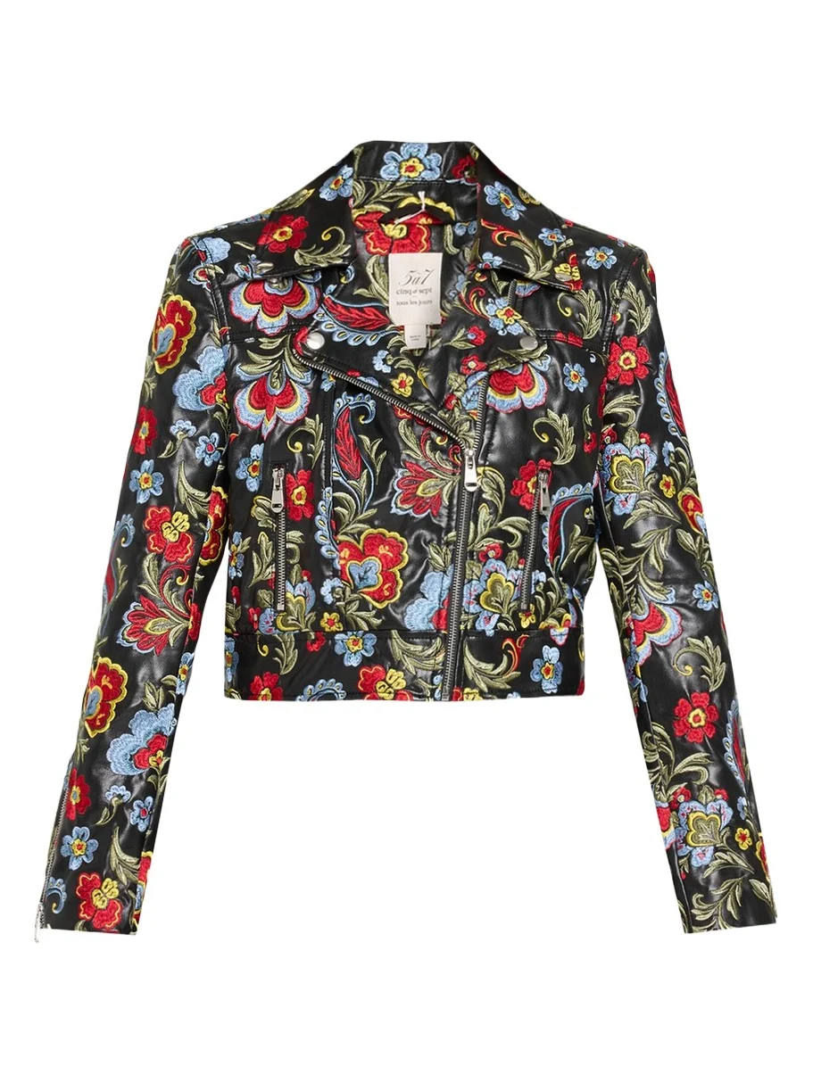Genevive Floral-Embroidered Biker Jacket Genevive Floral-Embroidered Biker Jacket