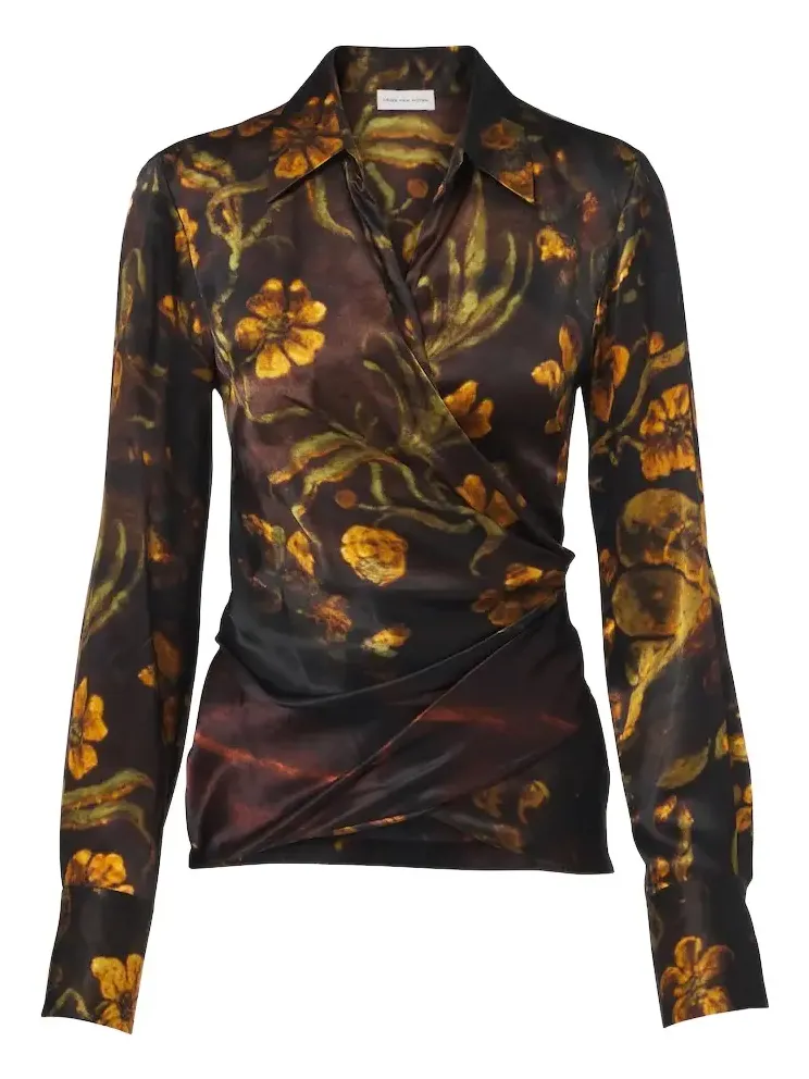Draped floral silk satin wrap top Draped floral silk satin wrap top