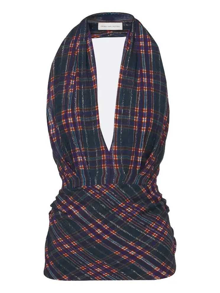 Plaid lamé halterneck top