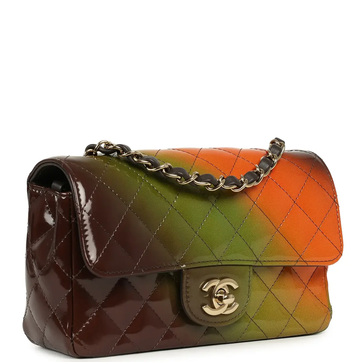Chanel Pre-owned Chanel Mini Paris-Dakar "Sunset Rectangular Flap Bag Brown, Green, Orange Patent Light Gold Hardware | Thumbnail 2 Chanel Pre-owned Chanel Mini Paris-Dakar "Sunset Rectangular Flap Bag Brown, Green, Orange Patent Light Gold Hardware | Thumbnail 2