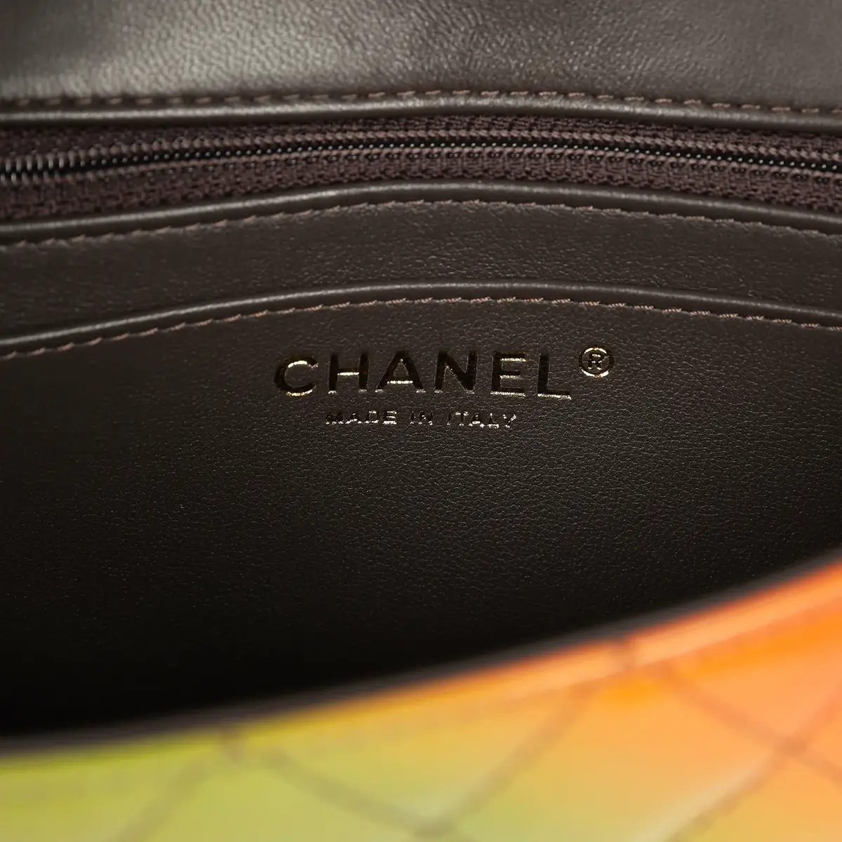 Chanel Pre-owned Chanel Mini Paris-Dakar "Sunset Rectangular Flap Bag Brown, Green, Orange Patent Light Gold Hardware | Thumbnail 8 Chanel Pre-owned Chanel Mini Paris-Dakar "Sunset Rectangular Flap Bag Brown, Green, Orange Patent Light Gold Hardware | Thumbnail 8