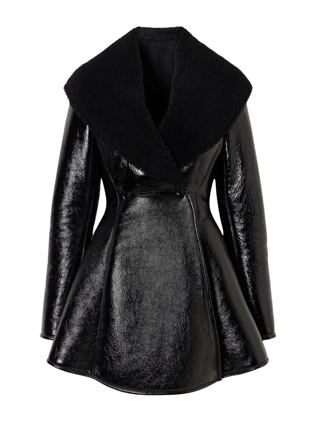 Double-breasted Paneled Shearling-trimmed Glossed-leather Coat