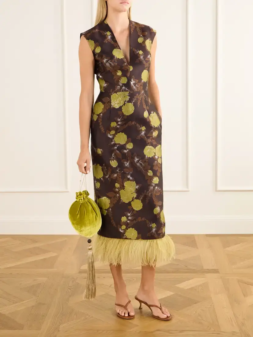 La DoubleJ Feather-trimmed Jacquard Midi Dress | Thumbnail 2 La DoubleJ Feather-trimmed Jacquard Midi Dress | Thumbnail 2