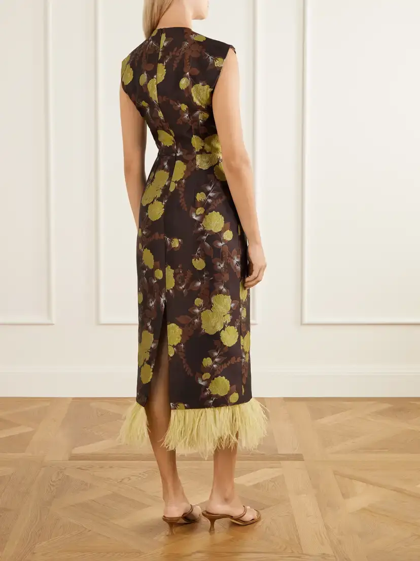 La DoubleJ Feather-trimmed Jacquard Midi Dress | Thumbnail 3 La DoubleJ Feather-trimmed Jacquard Midi Dress | Thumbnail 3