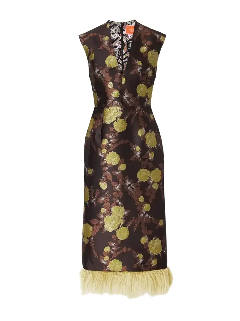 La DoubleJ Feather-trimmed Jacquard Midi Dress