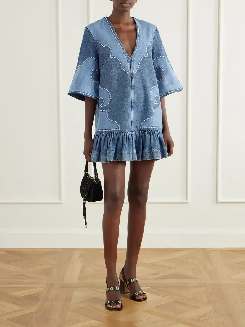 ALÉMAIS Jesse Ruffled Embroidered Denim Mini Dress | Thumbnail 2