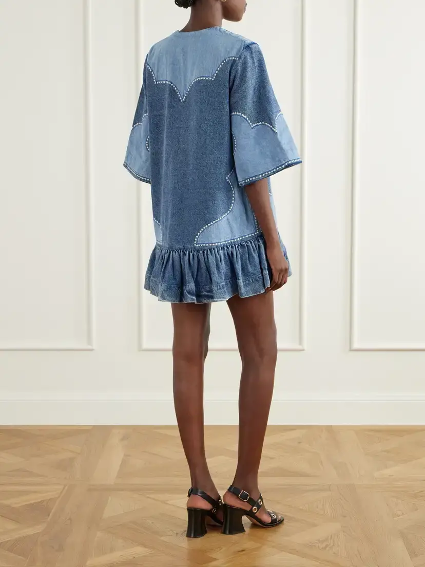 ALÉMAIS Jesse Ruffled Embroidered Denim Mini Dress | Thumbnail 3
