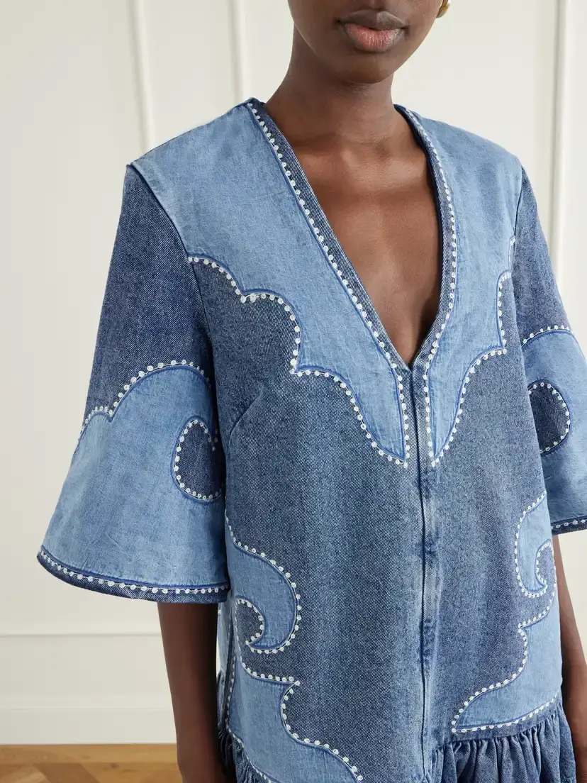 ALÉMAIS Jesse Ruffled Embroidered Denim Mini Dress | Thumbnail 4