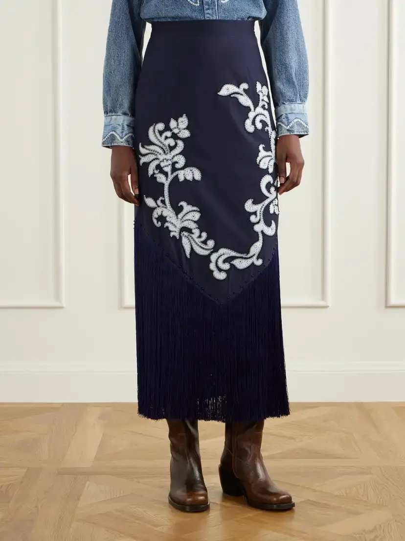 ALÉMAIS Dillon Crystal And Bead-embellished Fringed Appliquéd Satin Midi Skirt | Thumbnail 3 ALÉMAIS Dillon Crystal And Bead-embellished Fringed Appliquéd Satin Midi Skirt | Thumbnail 3