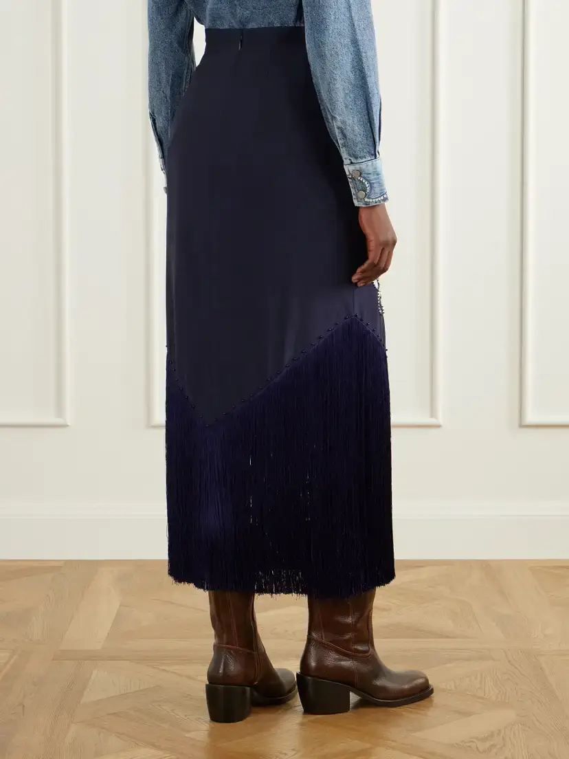 ALÉMAIS Dillon Crystal And Bead-embellished Fringed Appliquéd Satin Midi Skirt | Thumbnail 4 ALÉMAIS Dillon Crystal And Bead-embellished Fringed Appliquéd Satin Midi Skirt | Thumbnail 4